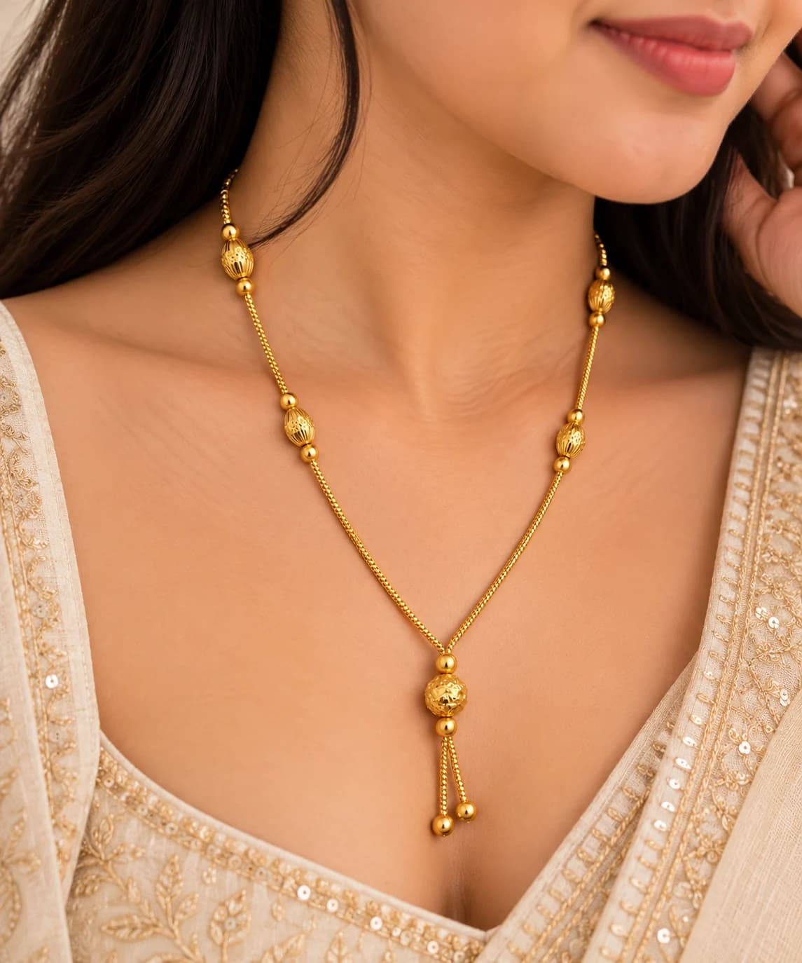 Meera gold beads mangalsutra worn with an ivory embroidered outfit