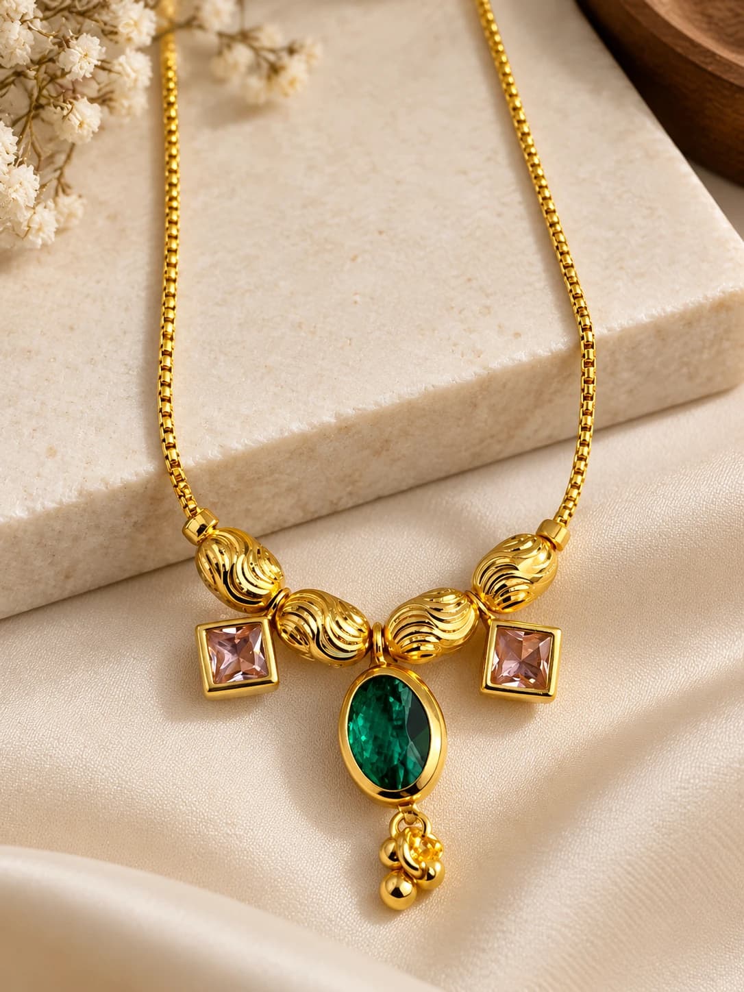 Priya green stone gold-tone mangalsutra with pink square stones and textured gold beads